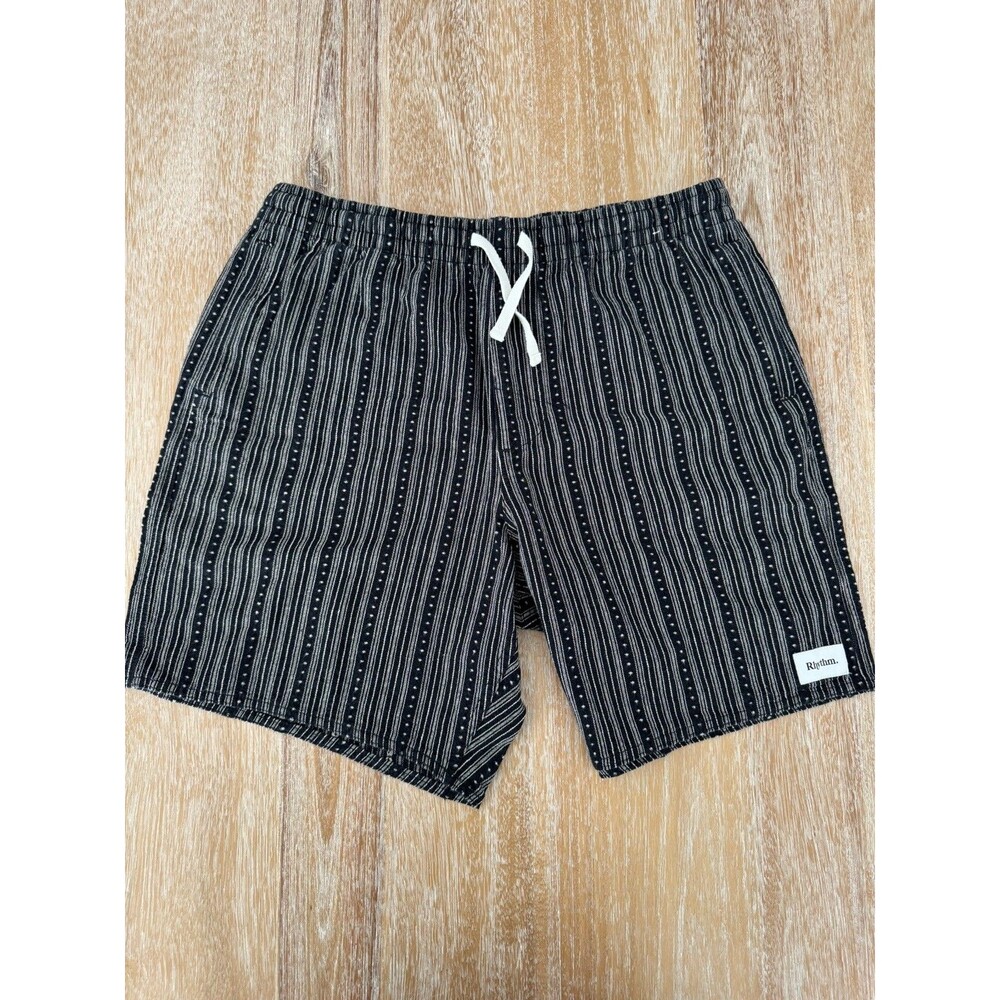 Rhythm Mens Jacquard Linen Jam Shorts Size 38 Striped Black Drawstring Beach
